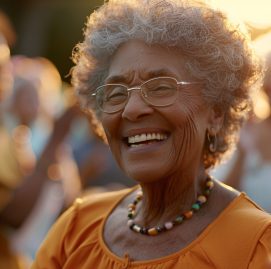 Idosa sorrindo em grupo. Importância do treino cognitivo nas diferentes fases da vida.